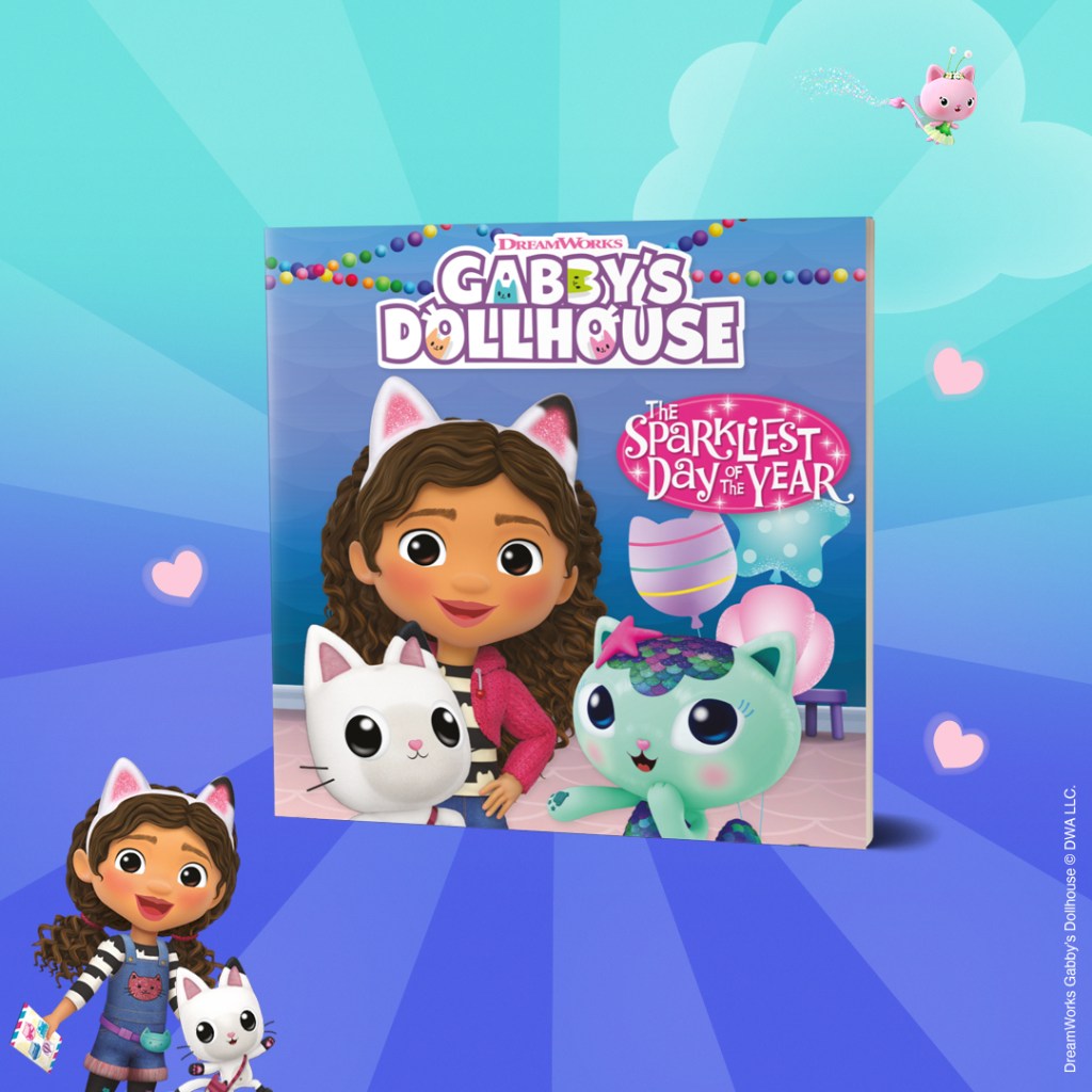 Gabby's Dollhouse The Sparkliest Day of the Year on a blue stripy background