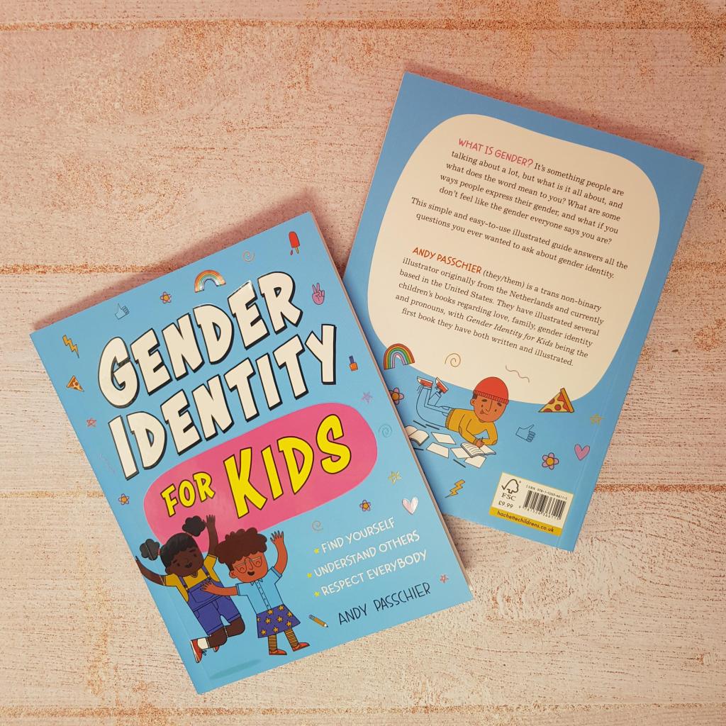 Two copies of Gender Identity for Kids on a pink wood background