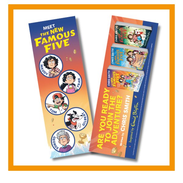 The New Famous five Bookmark with white background with orange details