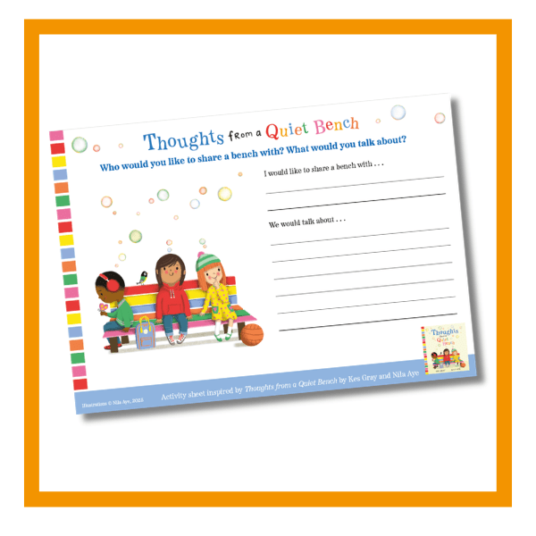 Thoughts from a Quiet Bench activity sheets on a white background with an orange border
