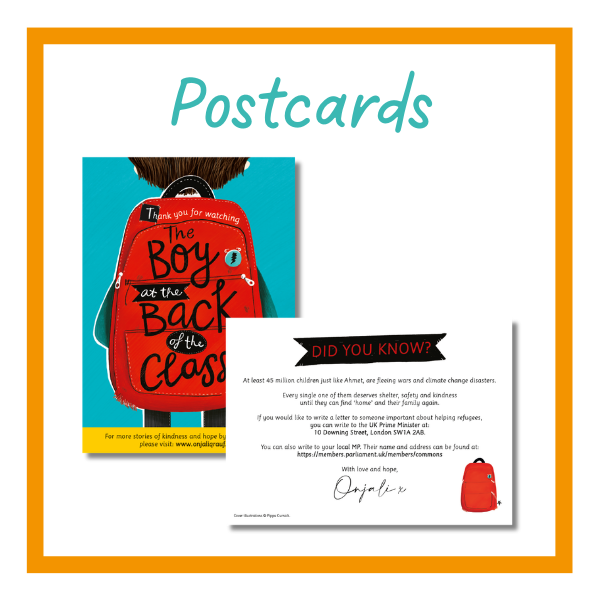 The boy at the back of the class postcards on a white background with orange details