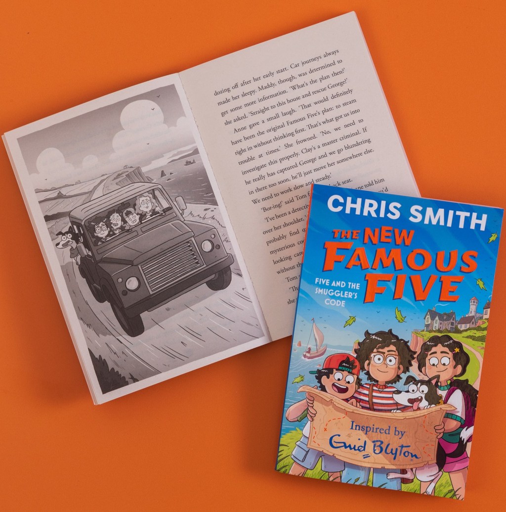 The Famous Five: The Smuggler's Code with an open page spread on an orange background.