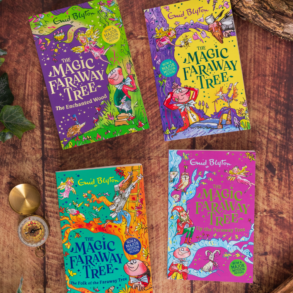 The Magic Faraway Tree new editions on a wooden background surrounded by branches, leaves, and a golden compass.