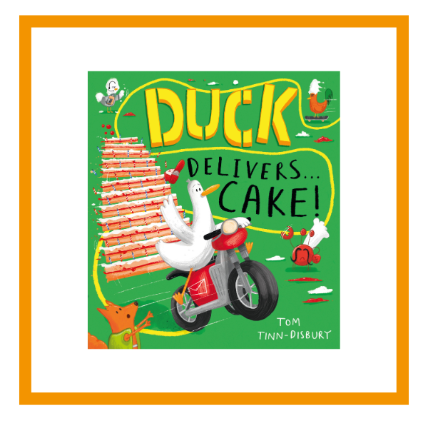 Duck Delivers Cake cover on a white background with an orange border