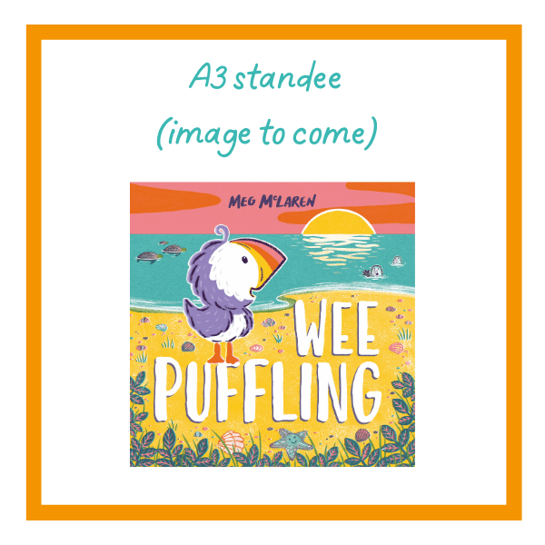 wee puffling holding image on a white background with orange details